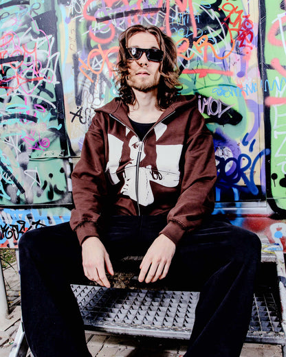 CROSS ZIP HOODIE DARK BROWN